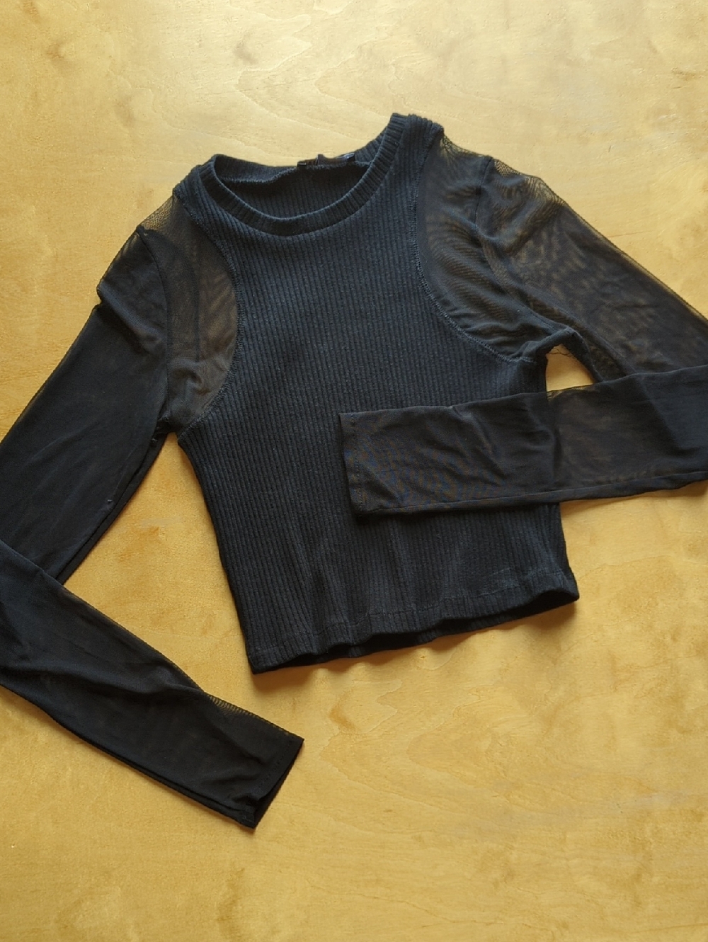 Zara Black Ribbed Crop Top with Sheer Long Sleeves